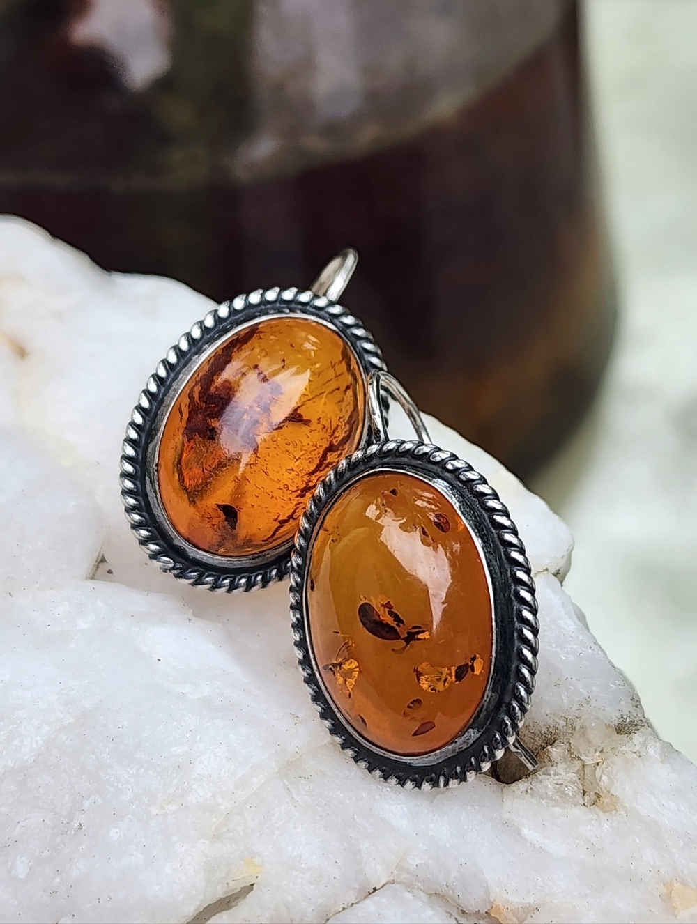 VINTAGE 925 STERLING SILVER AMBER CLASSIC EARRINGS DROP OVAL